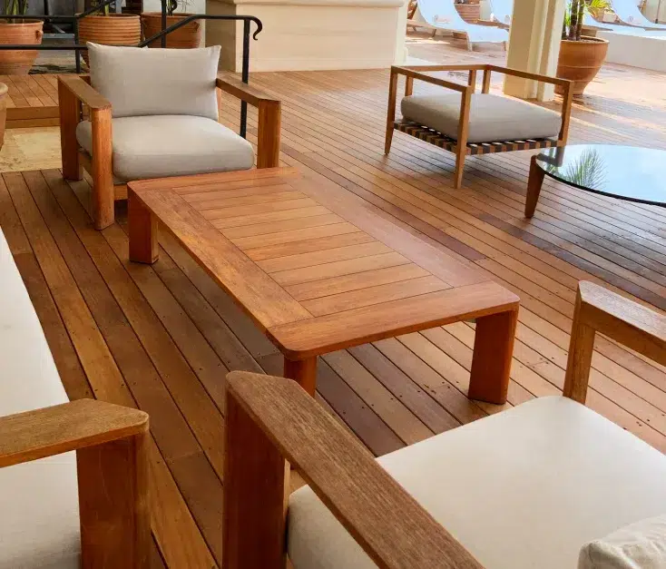 Beige chairs on hardwood deck for hotels and restaurants