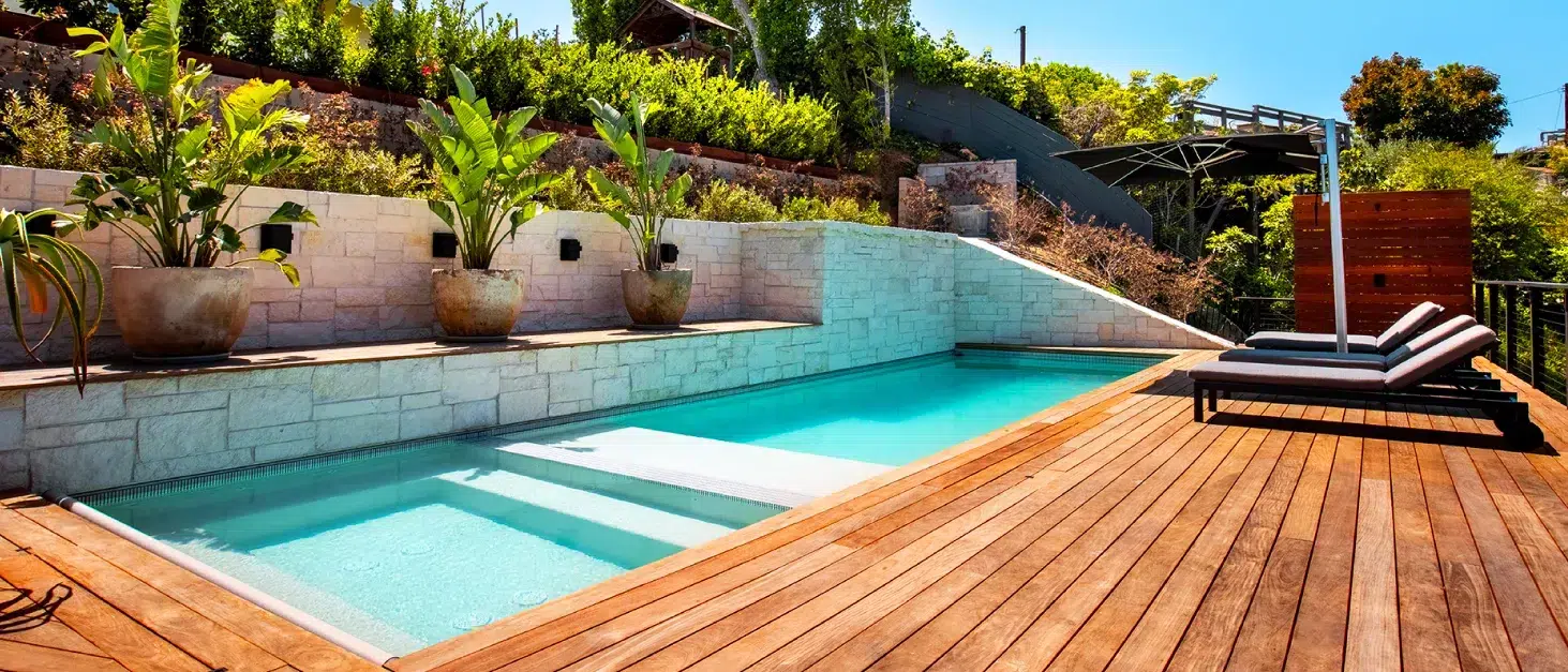 Pool surrounding deck project in Los Angeles with hardwood