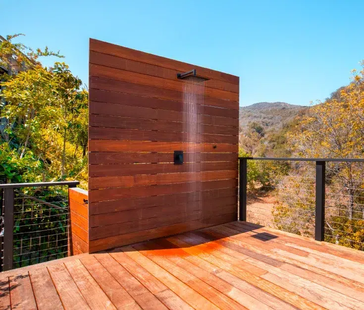 Shower by the pool made with hardwood deck project in Los Angeles