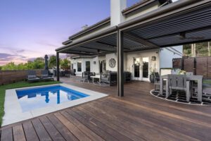 Woodland Hills backyard with ipe deck and pool.