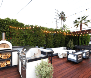 Backyard remodeled with ipe deck and lighting
