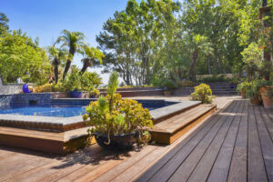 Pool deck in Beverly Hills backyard with ipe decking